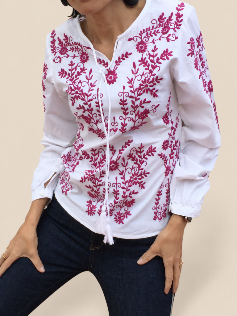 Handbestickte Popeline Baumwollbluse Rosa