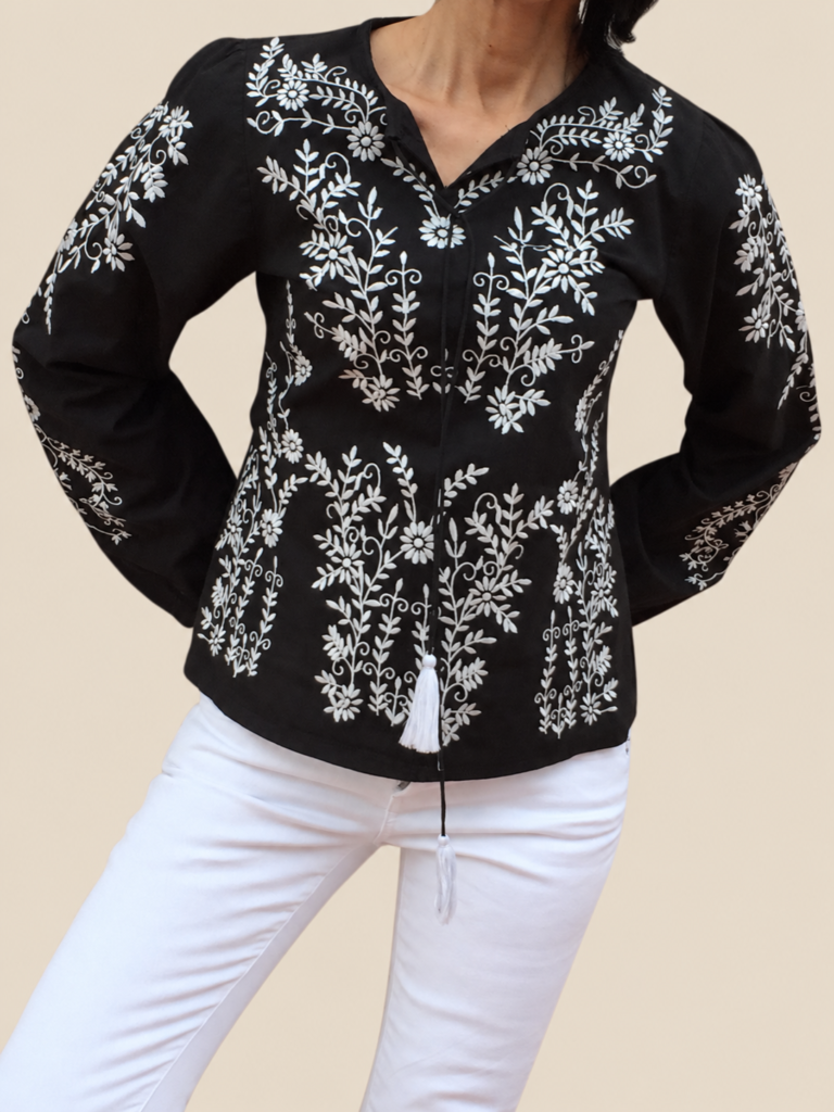 Handbestickte Popeline Baumwollbluse Schwarz