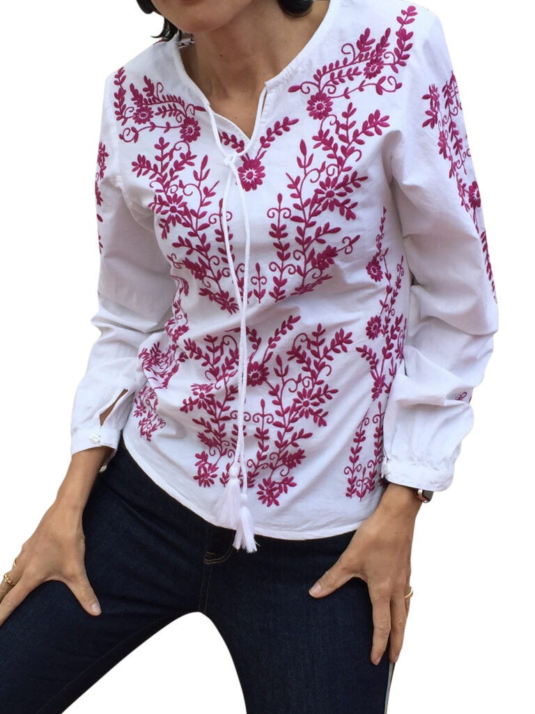 Popeline Baumwollbluse Rosa mit pinker Handstickerei