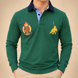 Grünes Poloshirt Langarm Herren mit Wappen-Stickerei – Fleur d'Héritage Schweizer Design