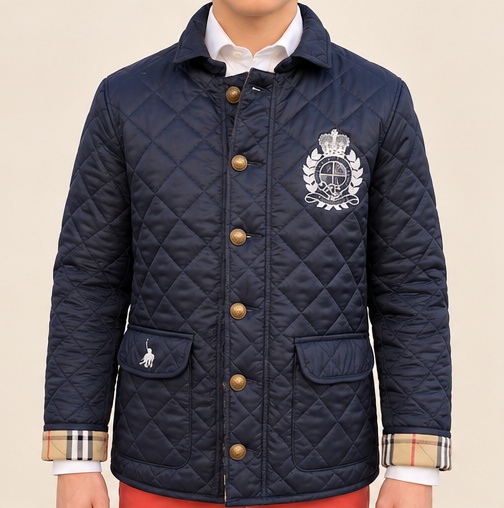 Dunkelblaue Steppjacke Herren mit Wappen-Stickerei – Fleur d'Héritage Übergangsjacke