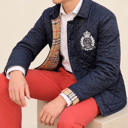 Navy Steppjacke Herren getragen zu roter Hose, mit Wappenstickerei und Umlegekragen