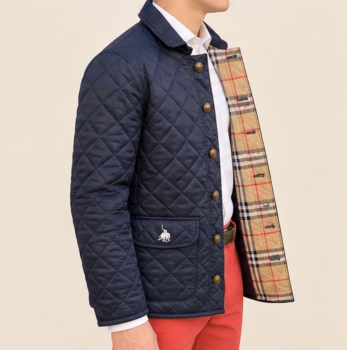 Navy Steppjacke Herren, Seitenansicht mit offenem Karo-Futter und Taschen