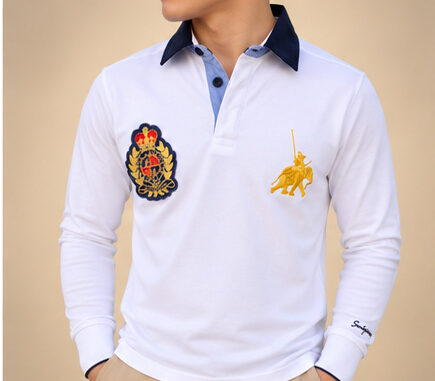 Weisses Poloshirt Langarm Herren mit Wappen-Stickerei – Fleur d'Héritage Schweizer Design