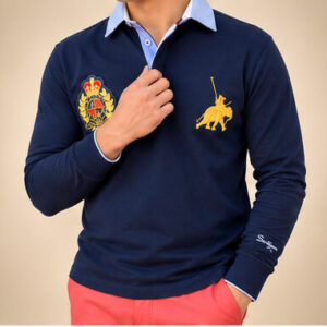 Blaues Poloshirt Langarm Herren mit Wappen-Stickerei – Fleur d'Héritage Schweizer Design